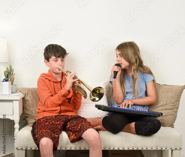 Obraz Kids Playing Musical Intruments at Home