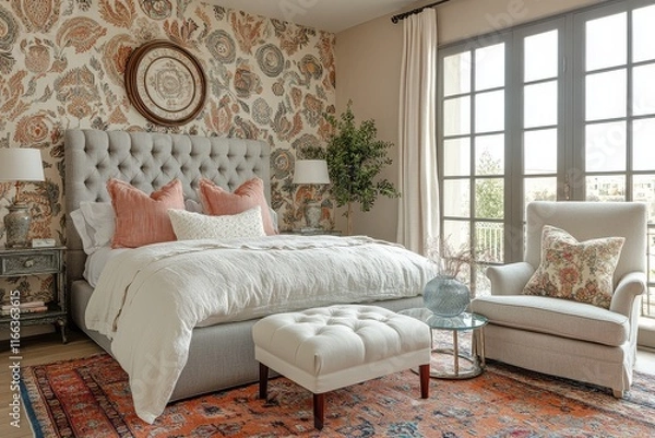 Fototapeta Elegant bedroom with soft pastel wallpaper, armchair, footstool, grey bed, and colorful rug, creating a cozy and stylish retreat.