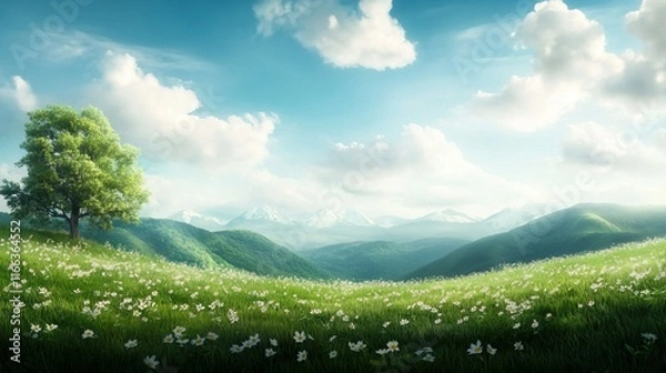 Fototapeta Vibrant meadow alive with wildflowers, playful rabbits, and serene rolling hills in the background, a perfect pastoral scene.