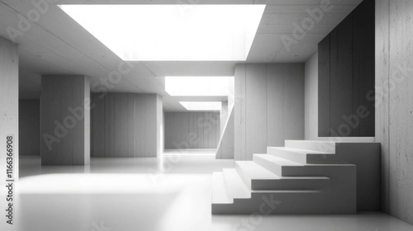 Obraz Modern minimalist concrete architecture interior with stairs and skylights.
