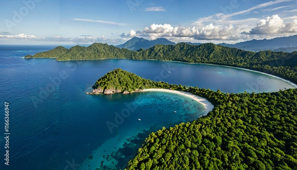 Fototapeta Vue aérienne d'une plage paradisiaque entourée de forêts luxuriantes
