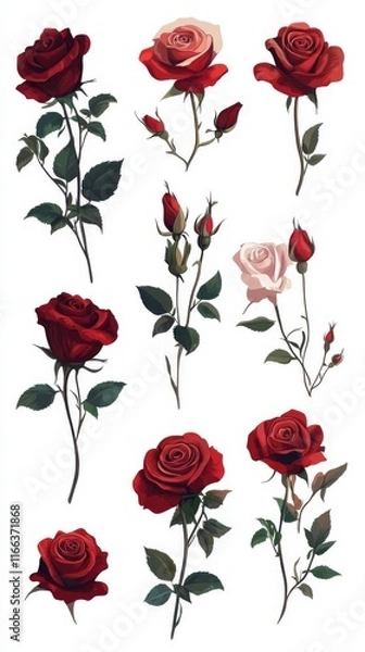 Obraz Elegant Red Roses with Green Leaves Botanical Illustration