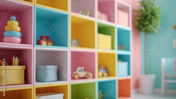 Fototapeta Shelves storage customizable concept. Brightly colored storage cubbies filled with toys, creating a playful and organized children's space.