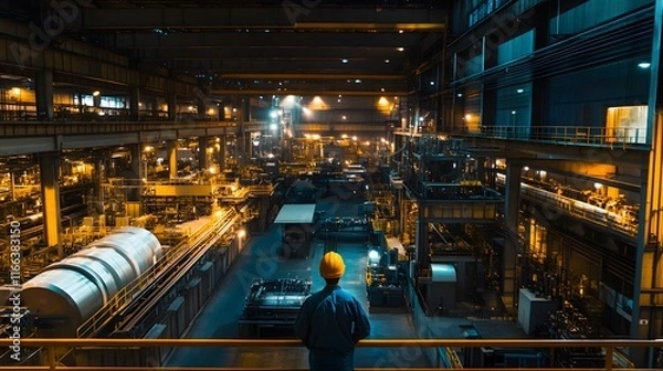 Fototapeta A lone worker in a hard hat stands overlooking a massive, brightly lit industrial factory at night.  The vastness of the facility and complex machinery is impressive.
