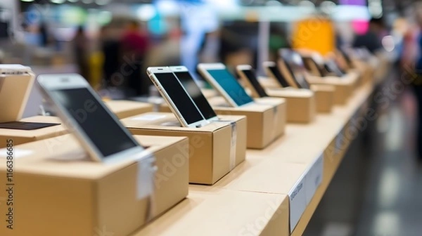 Fototapeta Many smartphones in cardboard boxes are displayed on a shelf in a store. The boxes are neatly arranged, creating a visual representation of retail sales or inventory.