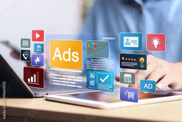 Fototapeta Digital marketing commerce online sale concept, Businessman using laptop with Ads dashboard digital marketing strategy analysis for branding.
