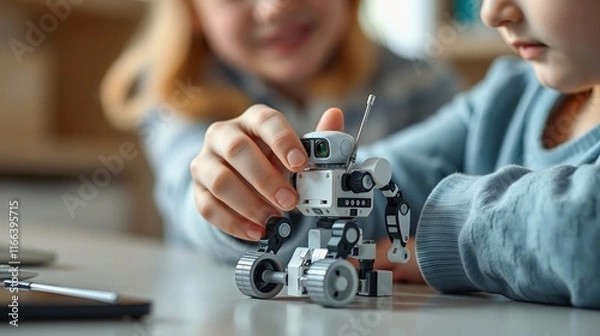 Obraz Children Engaging with Interactive Educational Robot at Home