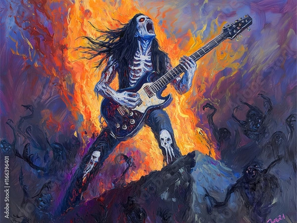 Fototapeta A guitarist in demonic corpse paint stands on a cracked, blood-stained stage in the middle of an abyss. Flames and smoke rise from beneath, and the guitar strings glow with molten energy. With each