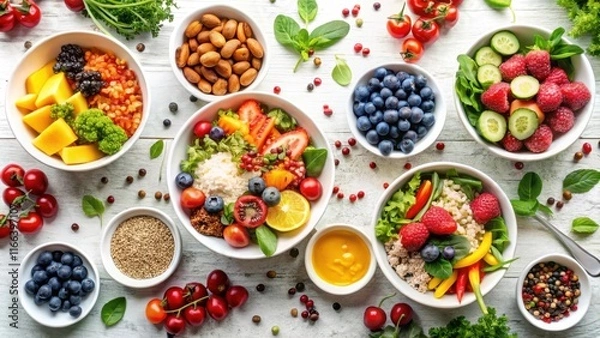 Fototapeta Vibrant and Nutritious Bowls of Fresh Fruits, Vegetables, and Grains for a Healthy and Delicious Meal