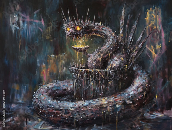 Fototapeta A sinister, anthropomorphic snake coiled around a throne of rusted blades, its scales reflecting an oily metallic sheen. The snake wears a crown of thorns, and its elongated claws drip with liquid