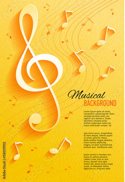 Fototapeta Vector yellow background with music notes and key.
