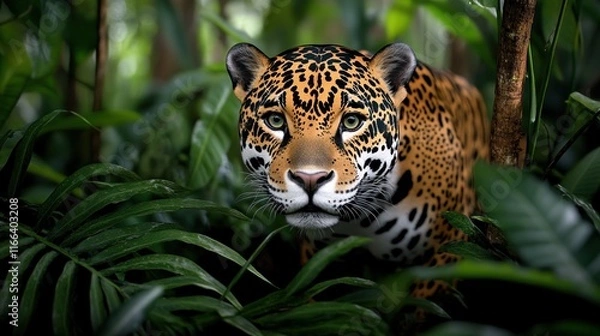 Fototapeta A jaguar stealthily emerges from lush jungle foliage.