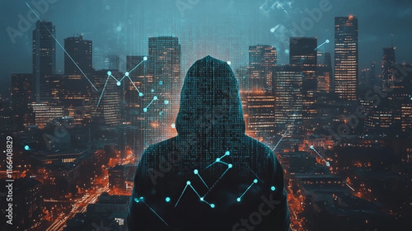 Fototapeta Hacker are planning to hack and attack networks and cyber security systems. Smart Innovation city with connection ffuture wireless digital city and social media networking over the sunset cityscape.	