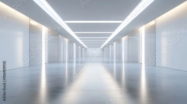 Fototapeta Bright, futuristic white corridor with glowing lights and reflective floor.