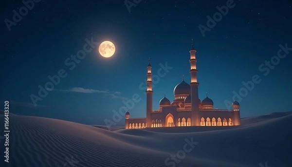 Fototapeta Desert Mosque under a Full Moon: Serene Night Scene