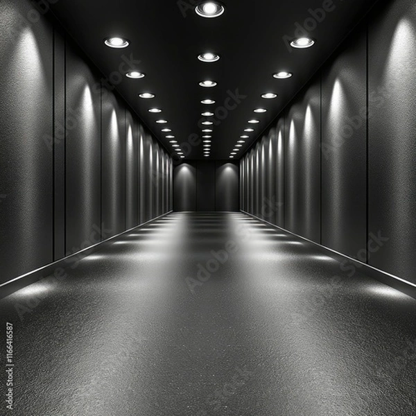 Fototapeta Dark Modern Corridor with Recessed Lighting and Reflective Floor