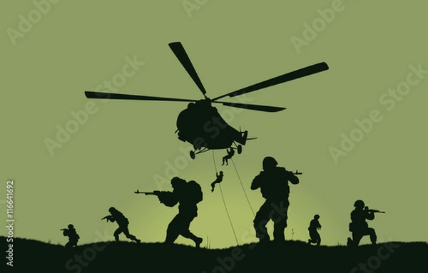 Fototapeta Ilustracja przedstawiająca żołnierzy do ataku i helikoptery.