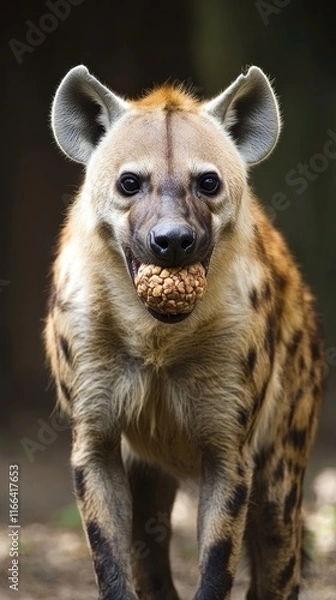 Fototapeta A hyena carrying a food item, showcasing its natural behavior in a wild setting.