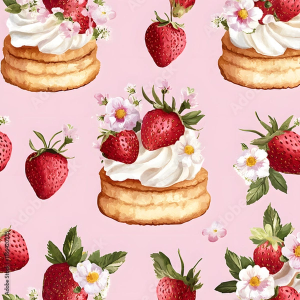 Obraz Delightful strawberry shortcake pattern featuring whipped cream, fresh strawberries, and floral accents on soft pink background. Perfect for dessert lovers and summer themes