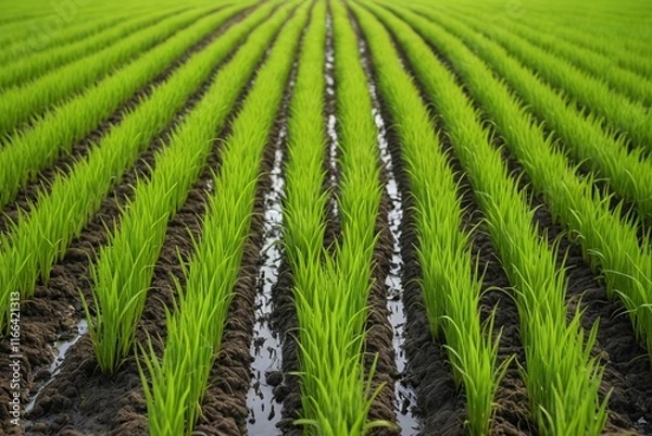 Fototapeta a close up of a field of green grass with a line of water