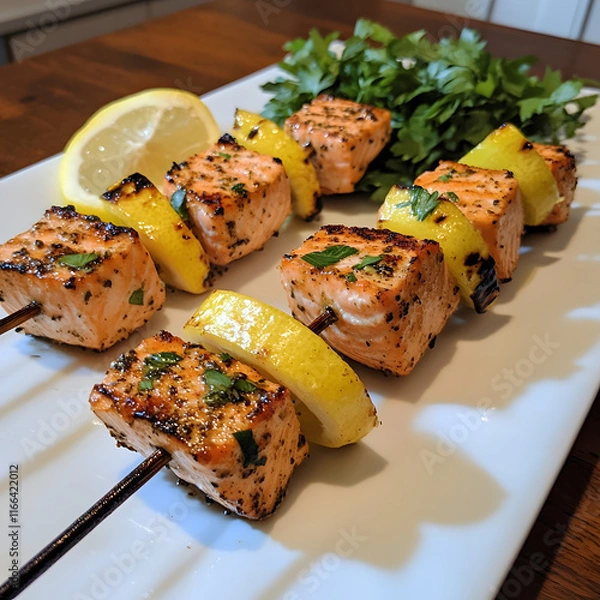 Fototapeta Juicy salmon kabobs with Mediterranean marinade, garnished with lemon and fresh herbs, perfect for grilling and outdoor gatherings