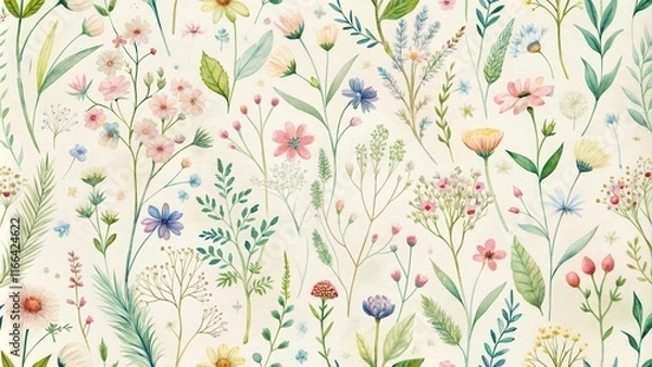 Fototapeta A Delicate Watercolor Seamless Pattern Featuring an Array of Wildflowers and Greenery
