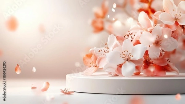 Fototapeta Delicate peach blossoms on a minimalist platform, petals falling gently. Serene spring scene.