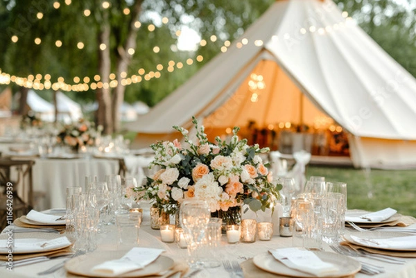 Fototapeta Country-style wedding dinner table with an outdoor table with flower decoration and a big tent in backdrop