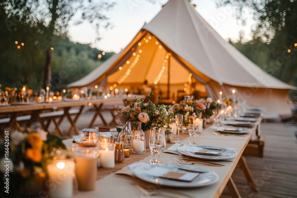 Fototapeta Country-style wedding dinner table with an outdoor table with flower decoration and a big tent in backdrop