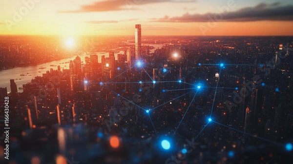Fototapeta Smart Innovation city with connection cyber security network reciprocity over the sunset cityscape future wireless digital city and social media networking systems that connects people  in the city
