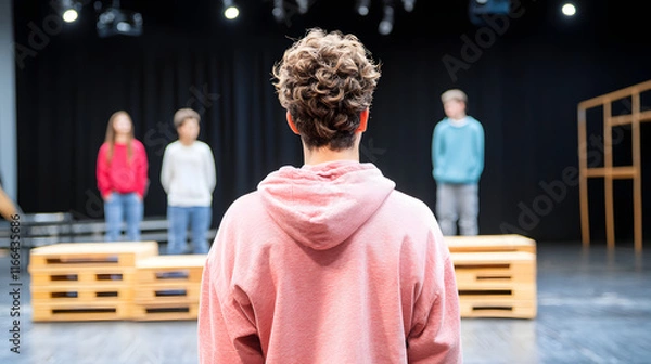 Fototapeta group of teens rehearsing play in small theater, showcasing teamwork and creativity