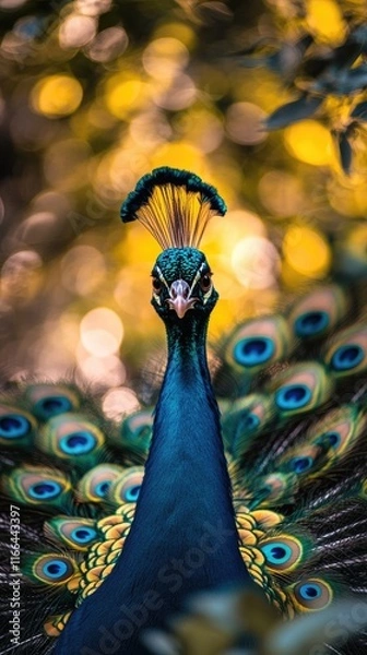 Fototapeta A vibrant peacock displaying its colorful feathers in a natural setting.