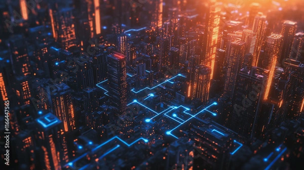 Fototapeta Smart Innovation city with connection cyber security network reciprocity over the sunset cityscape future wireless digital city and social media networking systems that connects people  in the city