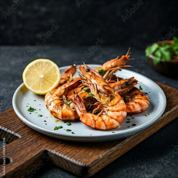 Obraz Grilled shrimp on a plate with lemon slices, garnished with fresh herbs, highlighting a delicious and savory seafood dish.