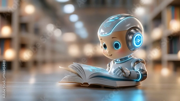 Fototapeta Blue robot with a sign reading and wearing a ninja outfit in a 3D cartoon style