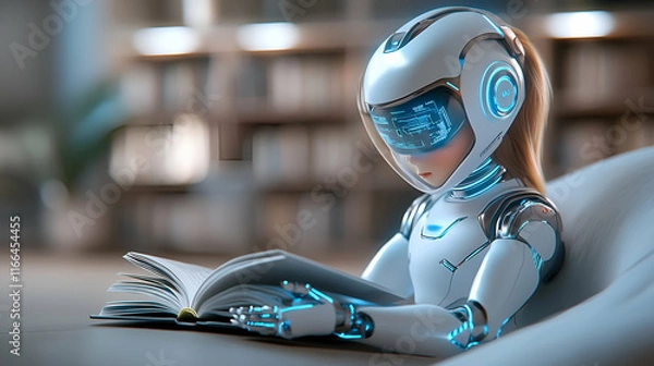 Fototapeta Blue robot with a sign reading and wearing a ninja outfit in a 3D cartoon style