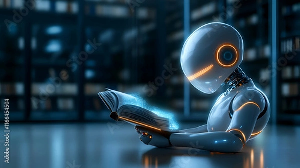 Fototapeta Blue robot with a sign reading and wearing a ninja outfit in a 3D cartoon style