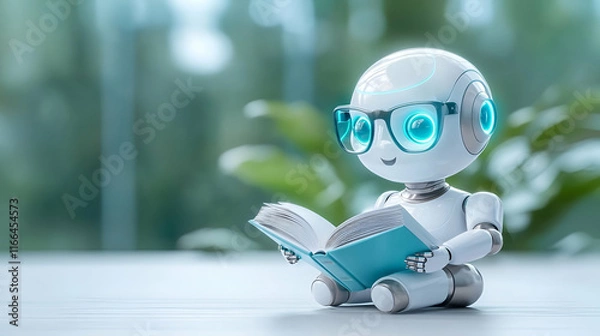 Fototapeta Blue robot with a sign reading and wearing a ninja outfit in a 3D cartoon style