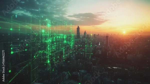 Fototapeta Smart Innovation city with connection cyber security network reciprocity over the sunset cityscape future wireless digital city and social media networking systems that connects people  in the city