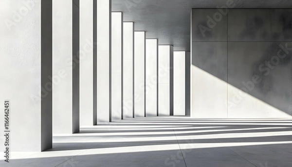 Fototapeta Abstract architectural photography showcasing a minimalist modern building's interior with sunlight casting dramatic shadows across the floor.