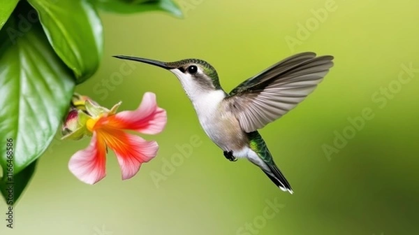 Fototapeta A hummingbird hovering near a vibrant flower in nature.