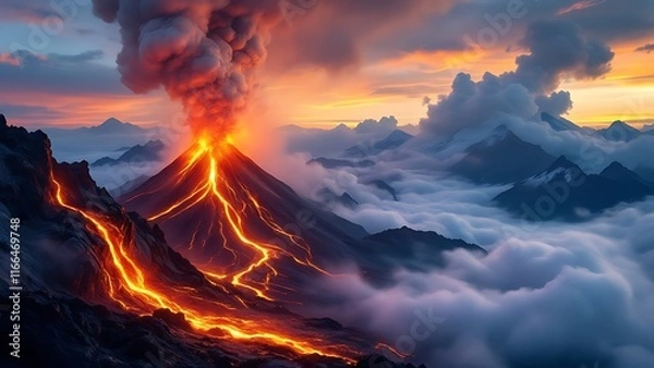 Obraz Balance of calm and power as a volcano gracefully transition eruption lava