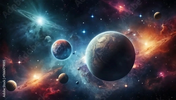 Fototapeta Cosmic Nebula: Vibrant Planets and Celestial Wonders in Deep Space