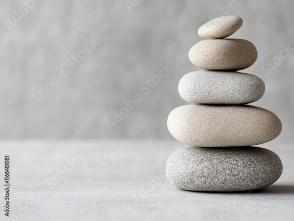Fototapeta A balanced stack of smooth stones on a neutral background, symbolizing harmony and tranquility.