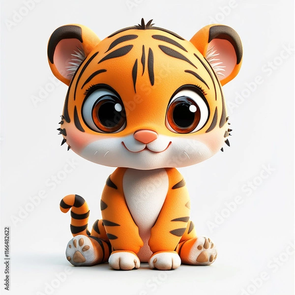 Fototapeta Create very clean and sleek 3d cute jungle animal character, cute eyes, 3d cartoon style, no accessories on character, good lighting, flat white background  made with generative AI