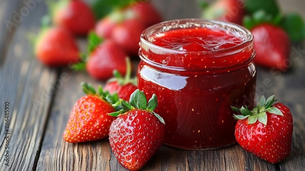Fototapeta homemade strawberry jam in glass jar on rustic wooden background showcasing red fruit preserves and fresh strawberries for culinary photography and gourmet summer dessert ideas