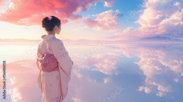 Fototapeta 広大な空と塩湖の美に映える淡いピンクの着物姿の女性