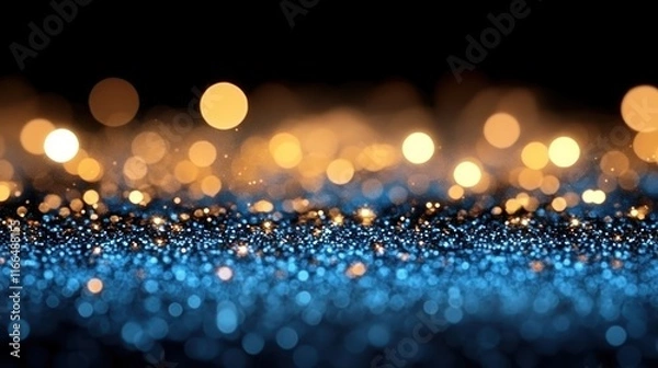 Fototapeta Blue glitter surface, gold bokeh lights background, festive backdrop.