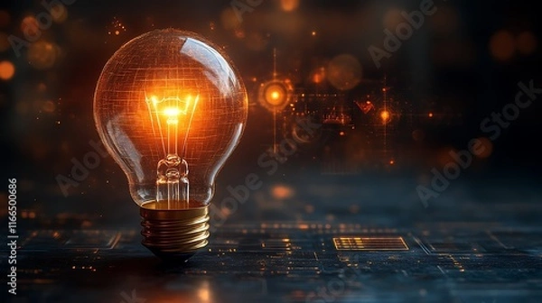 Fototapeta Glowing light bulb on dark tech background.