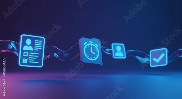 Fototapeta Neon Icons Resume Clock Profile Checkmark Abstract Background